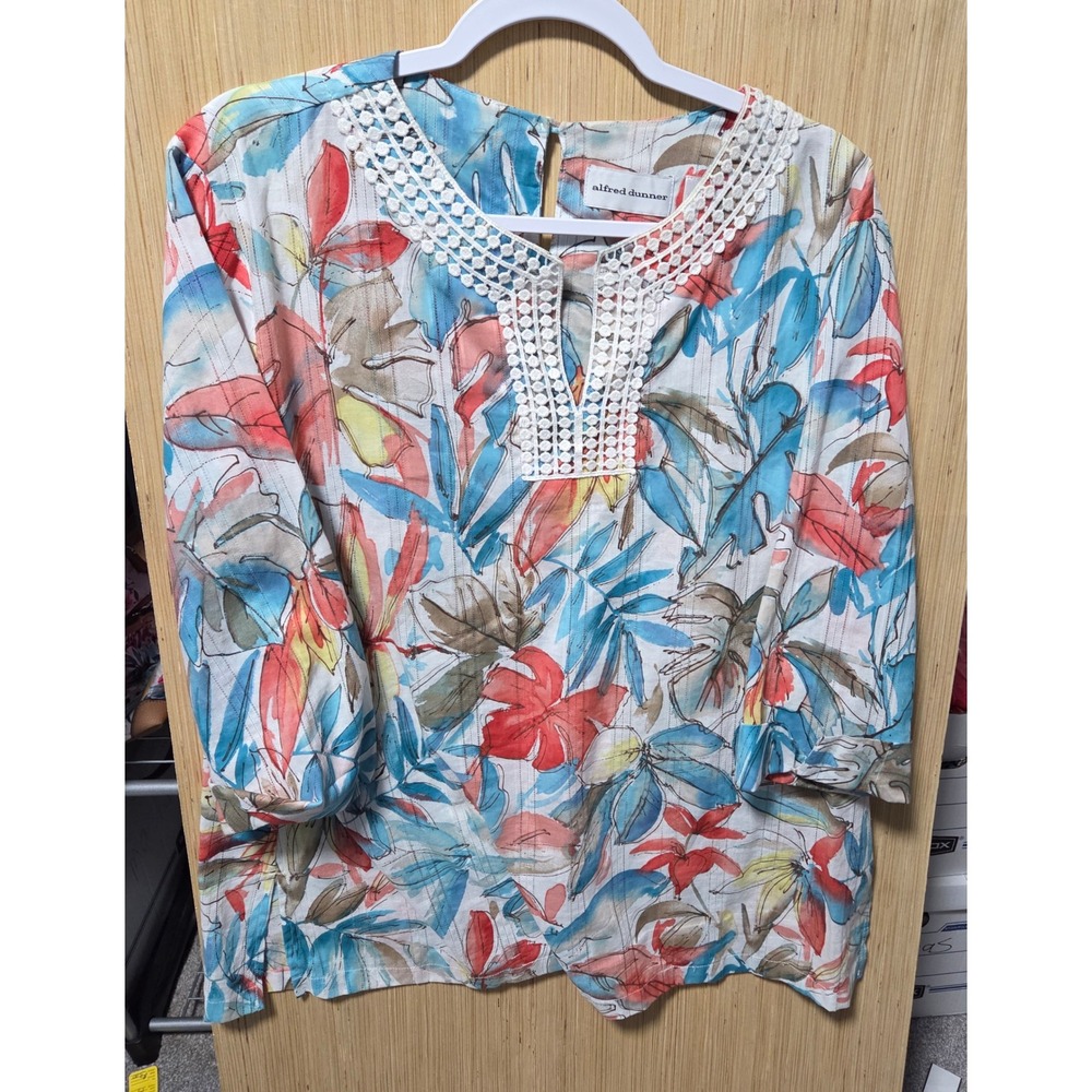 Alfred Dunner Size‎ 16 Ladies Tropical Tunic Top Crochet Trim 3/4 Sleeve Blouse